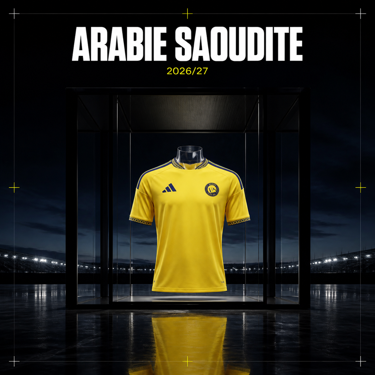 Collection Saudi Pro League : maillot jaune d’Al Nassr présenté dans une vitrine sombre