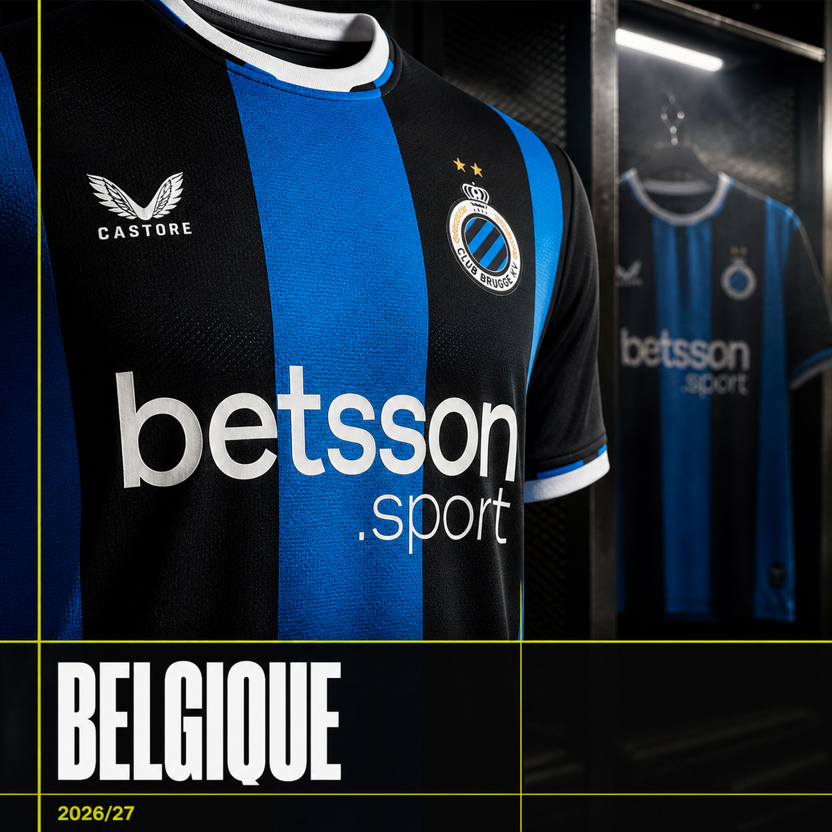 Collection Belgique : détail du maillot de Bruges à rayures bleues et noires