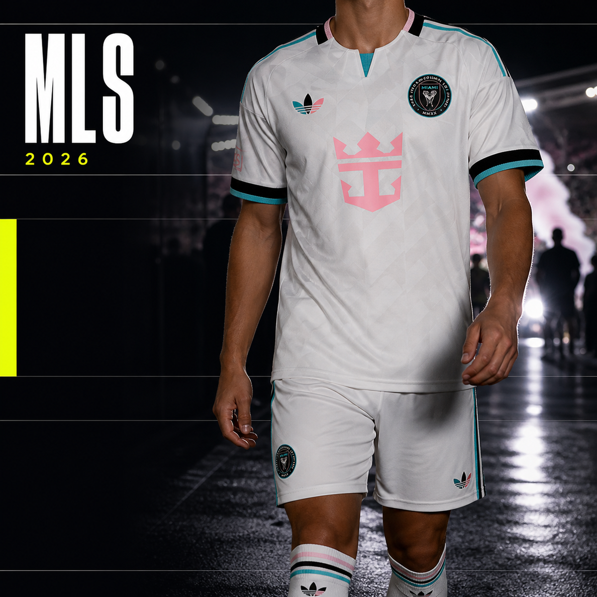 Collection MLS : tenue blanche de l’Inter Miami avec détails roses et turquoise